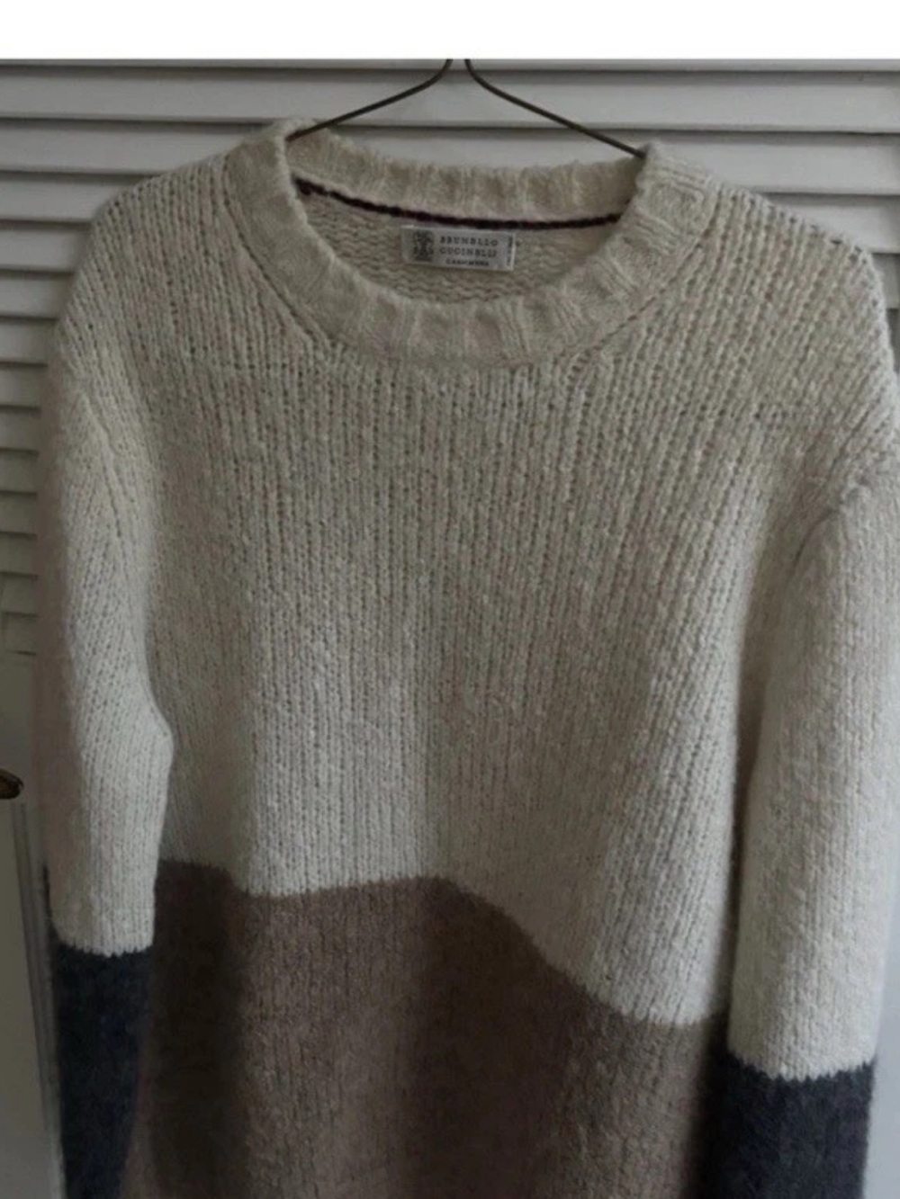 brunello cucinelli 
Colorblock Crewneck Sweater in Cream and Brown
